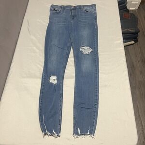 Free People Jeans Womens W 28L Blue Distressed Skinny Raw Hem Mid Rise Denim